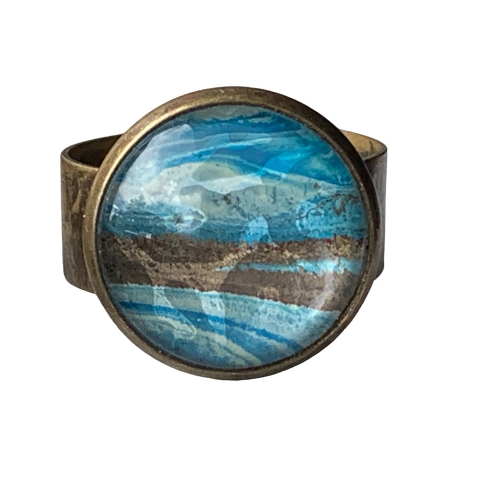 Island Water & Land Glass Cabochon Turquoise Blue Image Brass Adjustable Ring